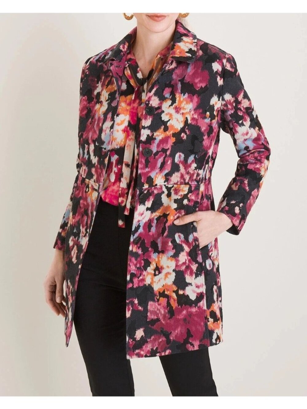NWOT Womens Chico's Floral Topper Overcoat SZ 16/18 Layering Button Lined Office